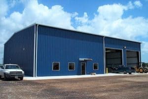 Blue steel building with two garages